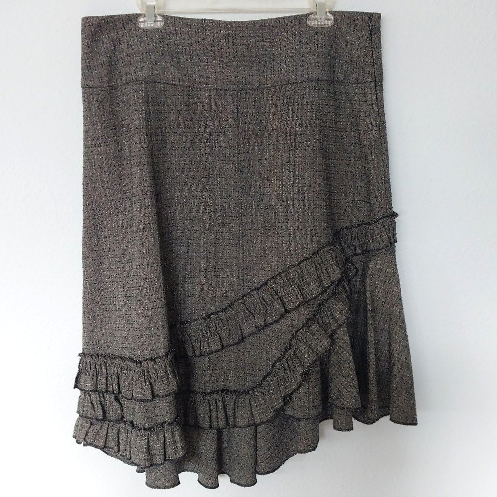 Zoe D. Asymmetrical Tweed Midi Skirt with Side Zip and Ruffle Hem